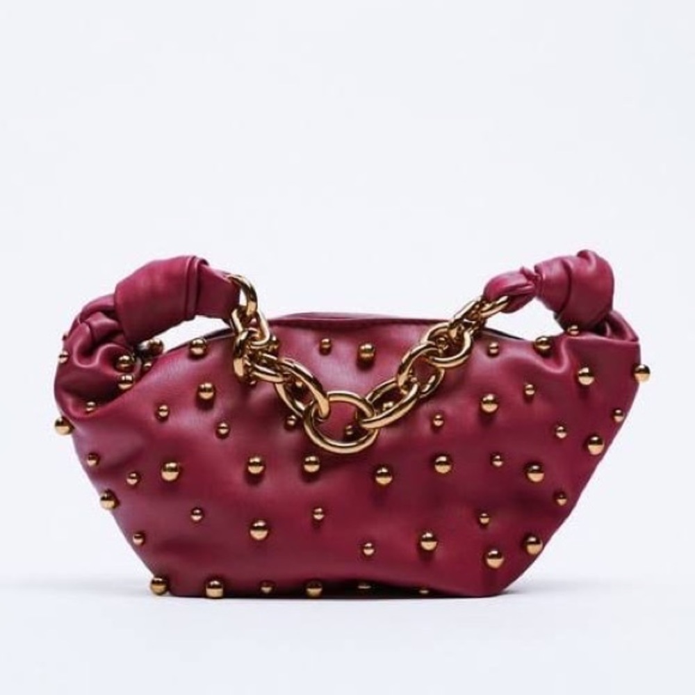 NWT ZARA BEADED MINI HANDBAG RASPBERRY LEATHER